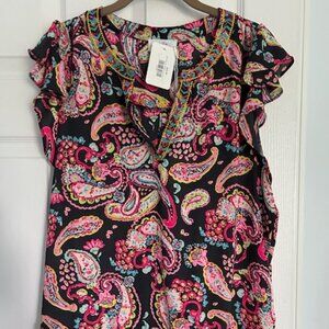 Emily Wonder Paisley Top Sz L Pink Black Blue Yellow Ruffle Sleeves Boho NWT